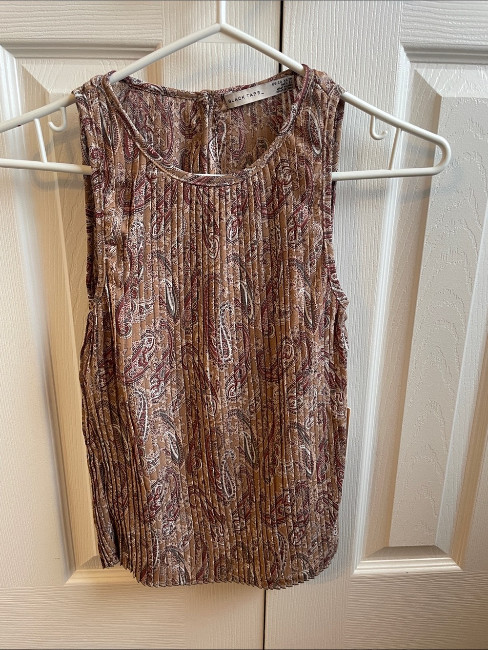 Black Tape_ Pleated Paisley Tank in Taupe and Burgundy